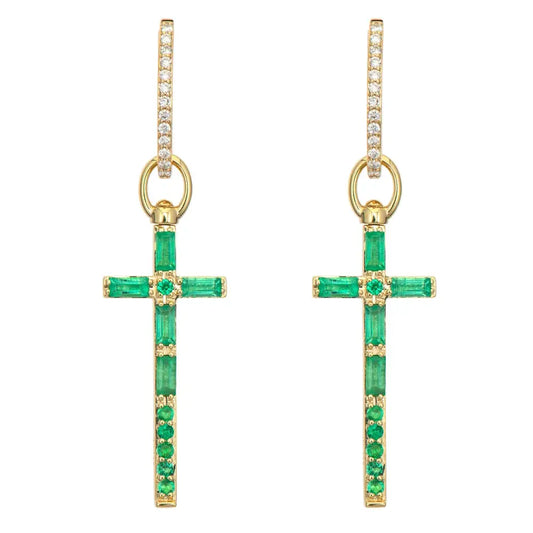 SINGLE | Emerald Baguette + Diamond Cross Earring Charm or Pendant | .12c 14k