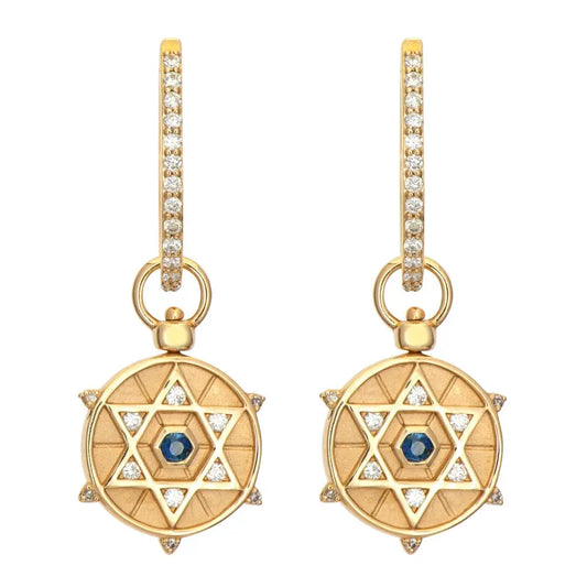 SINGLE | Diamond + Blue Sapphire Hamsa + Star of David Reversible Earring Charm or Pendant | .17c GSI 14k