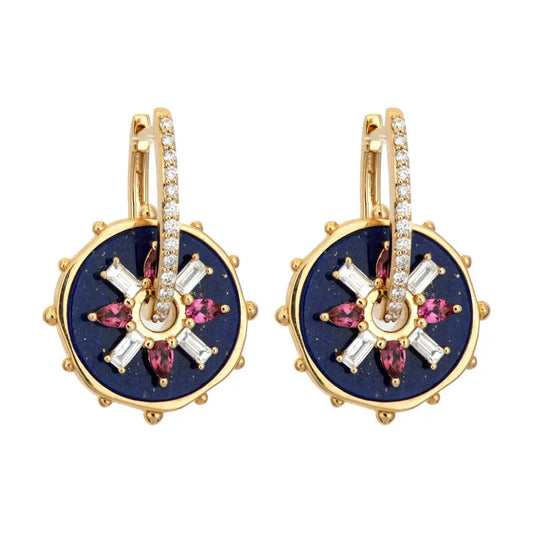 SINGLE | Blue Lapis Pink Sapphire + Diamond Baguette Disc Earring Charm or Pendant | .19c GSI 14k