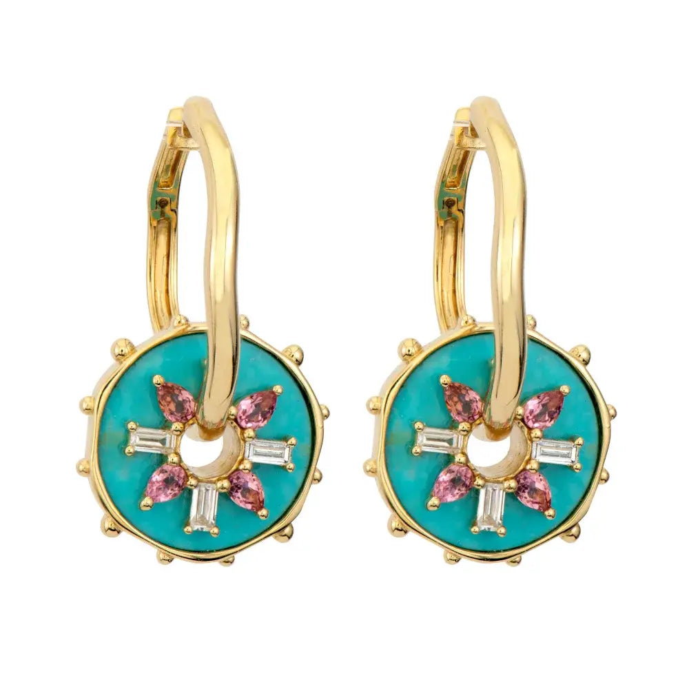 SINGLE | Turquoise Pink Sapphire + Diamond Baguette Disc Earring Charm or Pendant | .19c GSI 14k