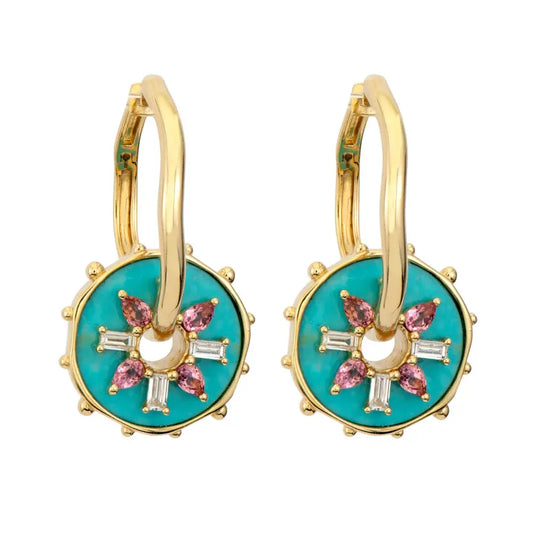 SINGLE | Turquoise Pink Sapphire + Diamond Baguette Disc Earring Charm or Pendant | .19c GSI 14k