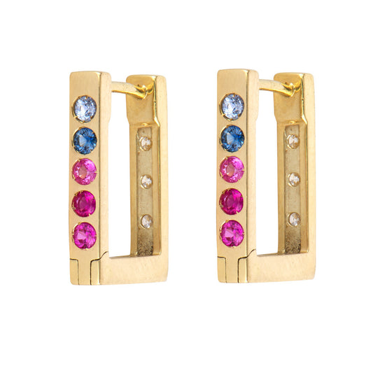 SINGLE | Diamond + Mixed Sapphire Reversible Rectangular Hoop Earring | .13c GSI 14k