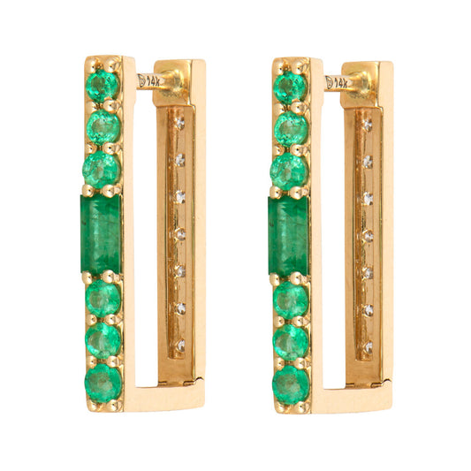 SINGLE | Emerald + Diamond Reversible Rectangular Hoop Earring | .2c GSI + .63c 14k