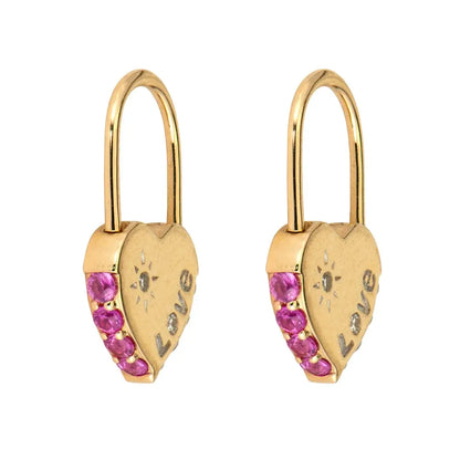 SINGLE | Pink Sapphire + Diamond Heart Lock Hoop Earring Charm | .14c + .27c 14k