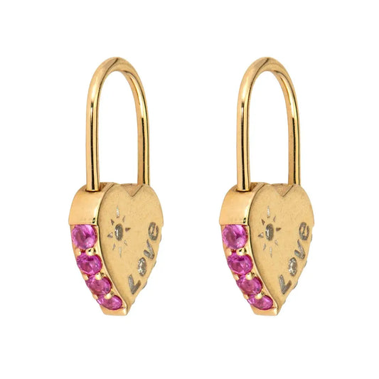 SINGLE | Pink Sapphire + Diamond Heart Lock Hoop Earring Charm | .14c + .27c 14k