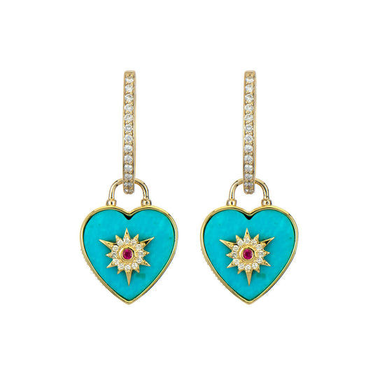 Turquoise + Ruby Diamond Heart Earring Charm or Pendant | .04c GSI 14k