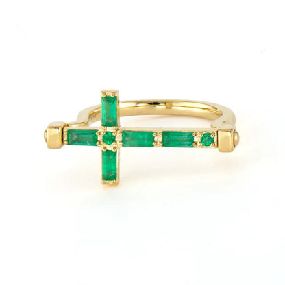 Emerald Baguette + Diamond Double Sided Cross Flip Ring | .26c GSI S7 14k
