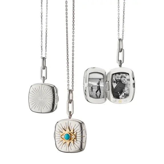 Protect Turquoise + Sapphire Evil Eye Two-Tone Locket + Diamond Cut Chain Necklace | .1c 16+2in YG + Sterling Silver