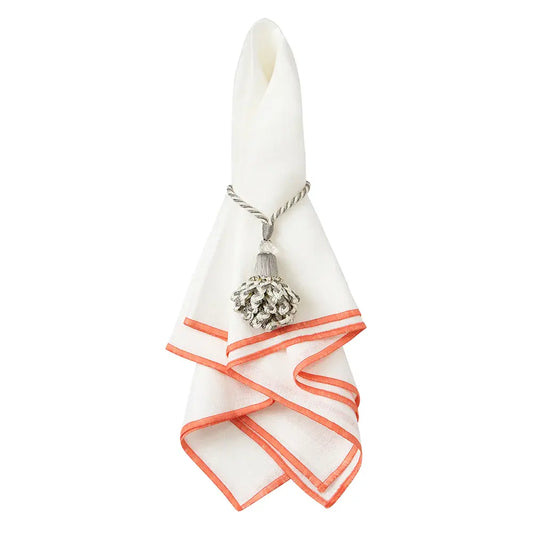 Linen Napkins Set of 4 | White with Orange Trim 20x20in