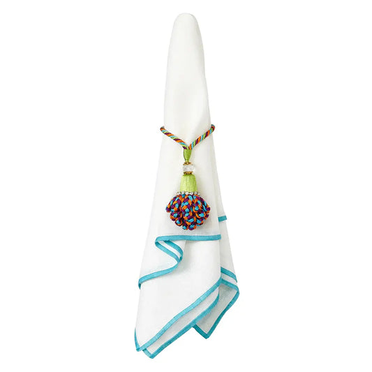 Linen Napkins Set of 4 | White with Turquoise Trim 20x20in