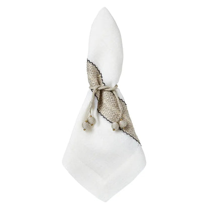 Linen Blend Napkins Set of 4 | White with Natural + Black Trim 20x20in