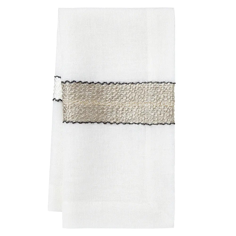 Linen Blend Napkins Set of 4 | White with Natural + Black Trim 20x20in