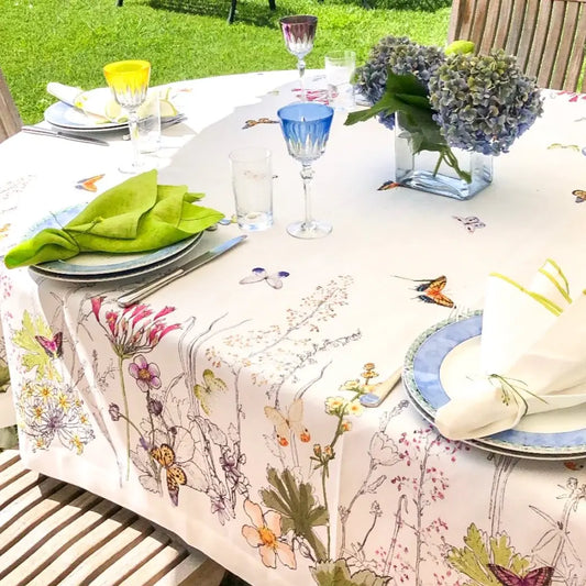 Floral + Butterfly Sketch Tablecloth | White + Multi-Color 70x70in