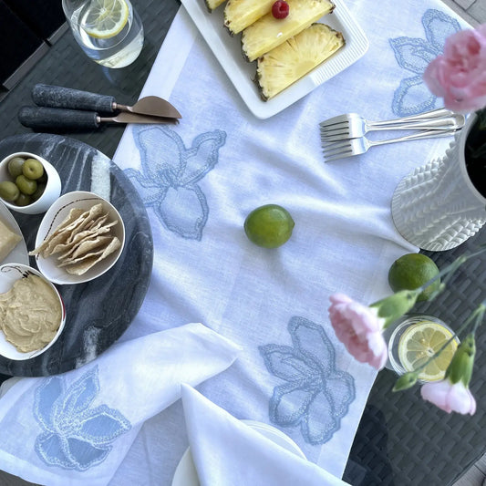 Linen Blend Table Runner | Light Blue + White Floral 16x108in