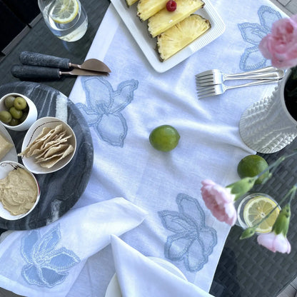 Linen Blend Table Runner | Light Blue + White Floral 16x90in