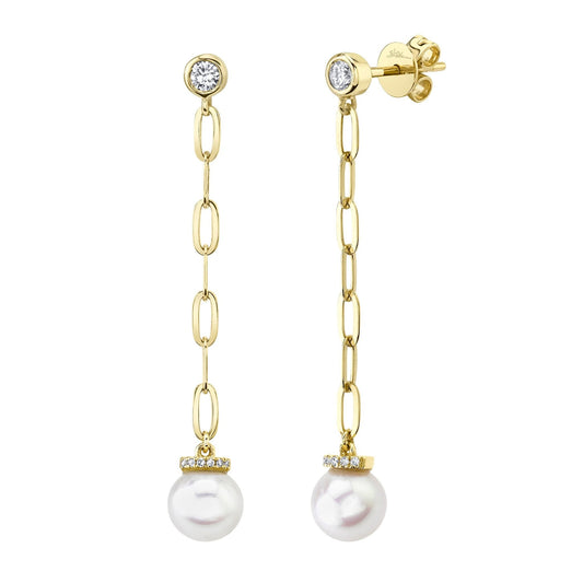 0.20Ct 14K YG Diamond Pearl Paper Clip Link Earring
