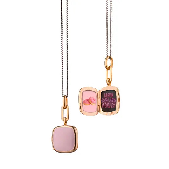 Pink Enamel Vermeil Square Locket + Black Steel Grey Cord Chain Necklace | 16+1in 18k RGP