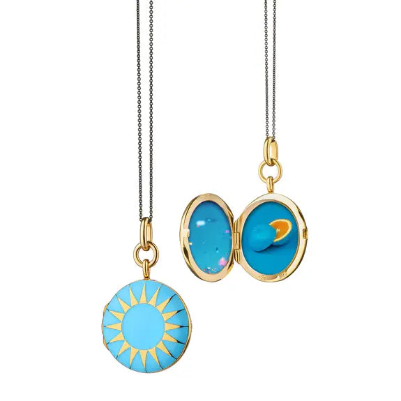 Turquoise Enamel Vermeil Sun Round Locket  + Black Steel Grey Cord Chain Necklace | 16+1in 18k YGP