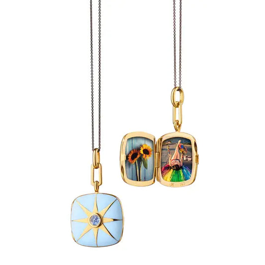 Blue Enamel Vermeil Star Blue Sapphire Square Locket + Black Steel Grey Cord Chain Necklace | .17c 16+1in 18k YGP