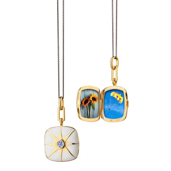 White Enamel Vermeil Star Blue Sapphire Square Locket + Black Steel Blue Cord Chain Necklace  | .17c 16+1in 18k YGP