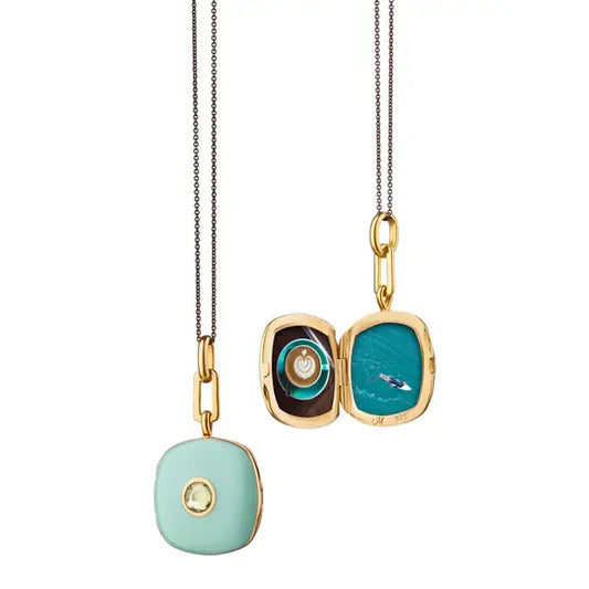 Green Enamel Vermeil Green Sapphire Square Locket + Black Steel Grey Cord Chain Necklace | .17c 16+1in 18k YGP