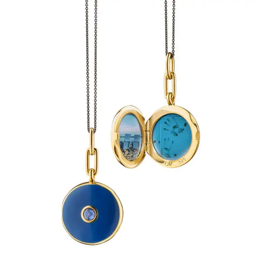 Navy Blue Enamel Vermeil Blue Sapphire Round Locket + Black Steel Grey Cord Chain Necklace | 18k 16+1in YGP
