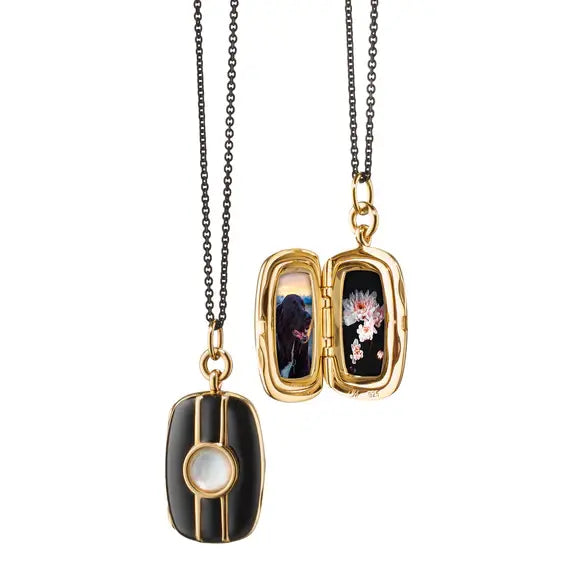 Black Enamel Vermeil Stripe Crystal Pearl Doublet Rectangle Locket + Black Steel Grey Cord Chain Necklace| 18+14in 18k YGP
