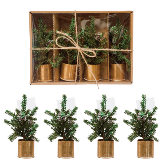 Gold Faux Mini Pine Place Card Holder S/4