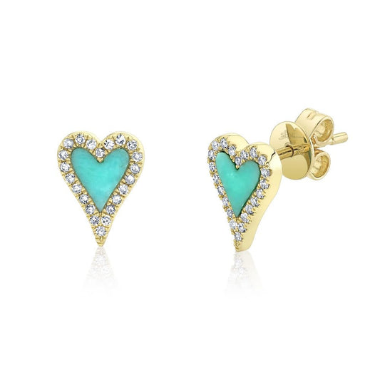 0.13Ct Diamond & 0.36Ct Turquoise 14K YG Heart Stud Earring