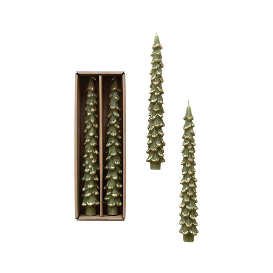 Tree Unscented Taper Candle Set | 10in Green + Gold Tipped