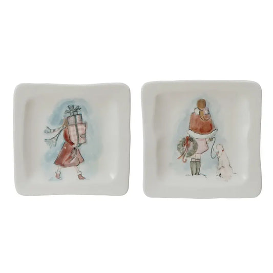 Holiday Girl Square Stoneware Dish | 4in