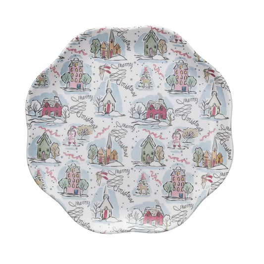 Merry Christmas Scalloped Bamboo Melamine Plate | 11in