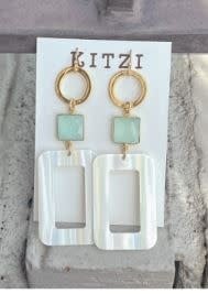 Kitzi Acrylic Open Rectangle Earrings | White With Aqua Stone