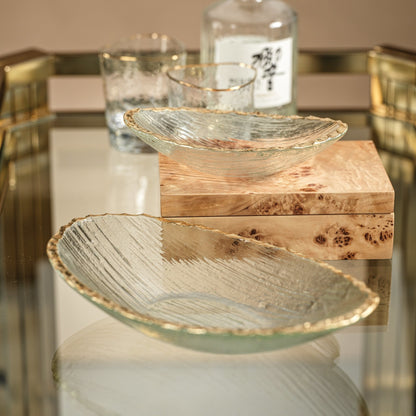 Textured Organic Glass Bowl | Clear + Gold Rim 11.5x9.5in